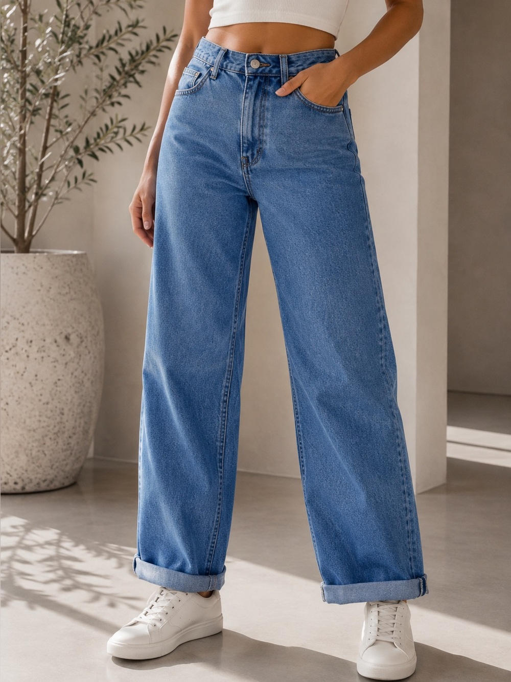 Missguided Tall Women's Blue Wide Leg Jeans US 6L High Rise Rolled Cuff